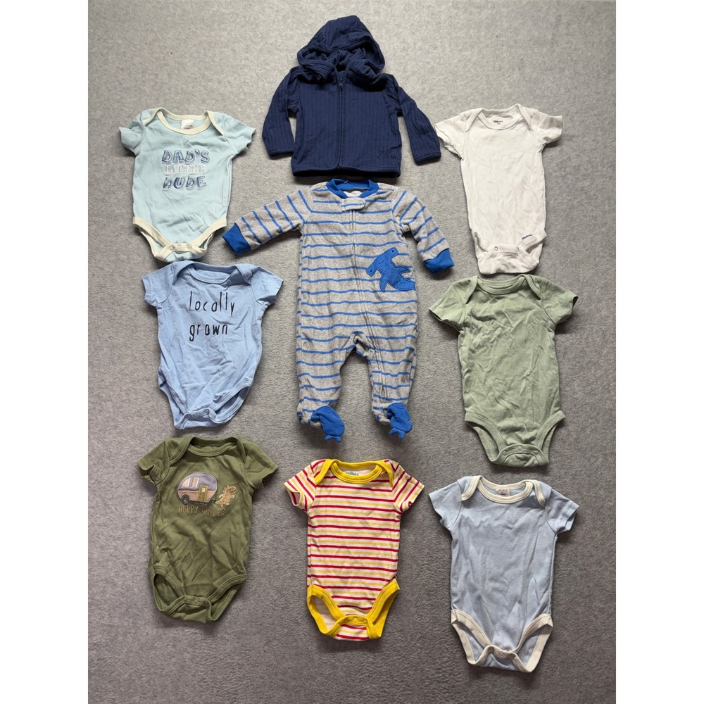 Baby Boy Clothing Lot 9pc Carter's Simple Joys Gerber 0-3M Sleeper Bodysuits